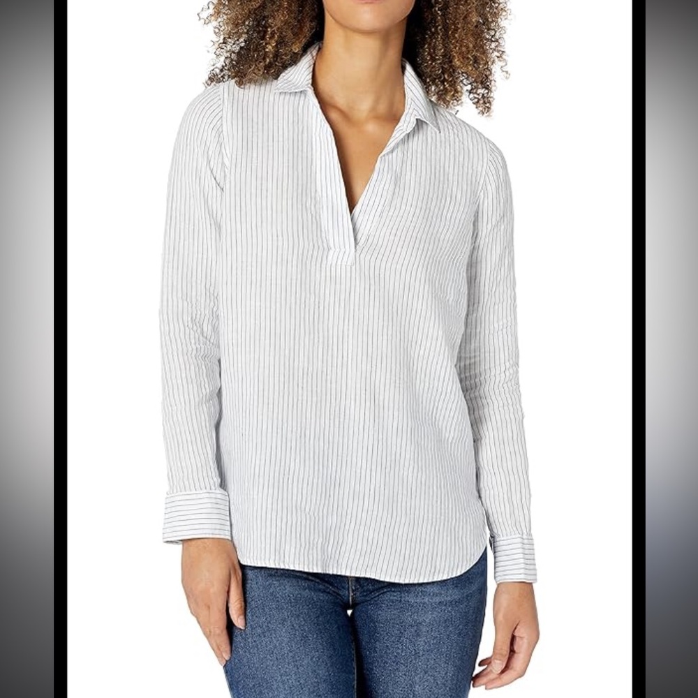 NYDJ White and Blue Striped Casual Shirt Linen V-Neck Long Sleeve - Large